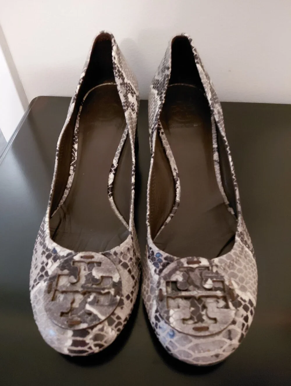 Tory Burch Women's Snake-Print Block Heel Pumps in Gray